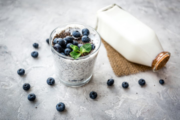 Fototapeta na wymiar How to eat chia seeds. Dessert with yogurt, chia, blueberries and mint on grey background