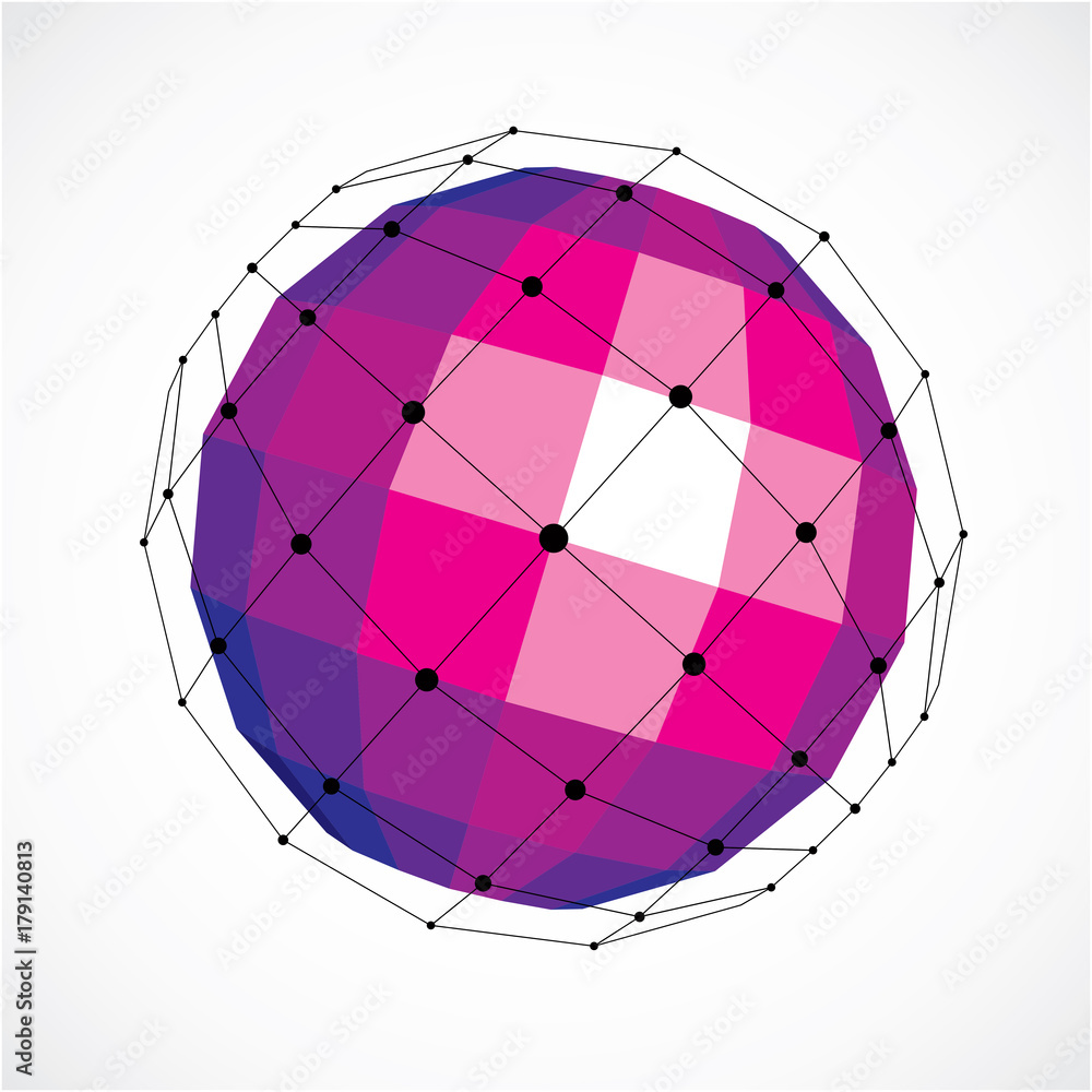Poster vector dimensional wireframe low poly object, spherical purple facet shape with black grid. technolo