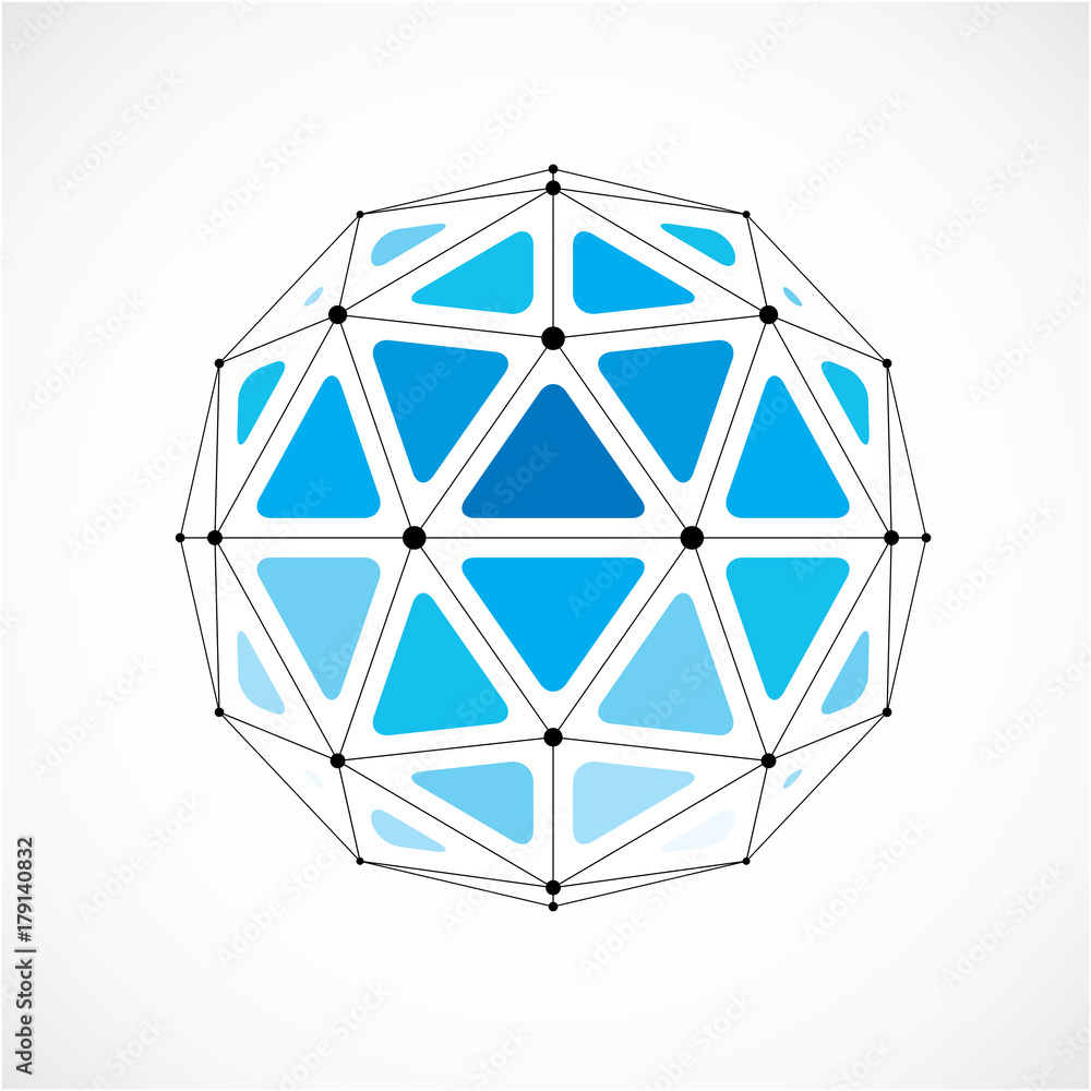 Poster vector dimensional wireframe low poly object, blue spherical shape with black grid. technology 3d me