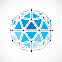 Vector dimensional wireframe low poly object, blue spherical shape with black grid. Technology 3d mesh element made using triangular facets for use as design form in engineering.