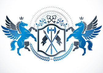 Heraldic Coat of Arms decorative emblem isolated vector illustration composed using graceful Pegasus, imperial crown and security keys.