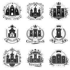 Ancient Citadels emblems set. Heraldic vector design elements collection. Retro style label, heraldry logo.