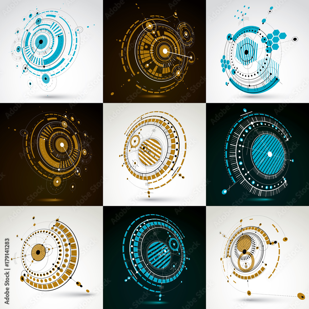 Poster collection of vector abstract backgrounds created in bauhaus retro style. modern geometric compositi