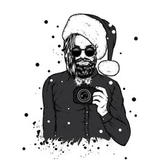 A handsome guy with a beard in a Santa Claus hat. Hipster with a camera. Vector illustration for a postcard or a poster, print for clothes. New Year's and Christmas.
