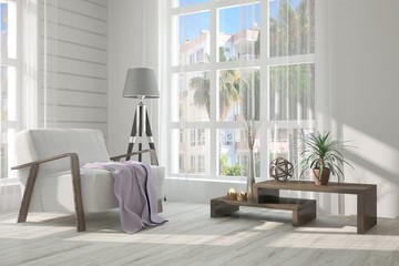 Fototapeta premium Inspiration of white minimalist room with armchair. Scandinavian interior design. 3D illustration