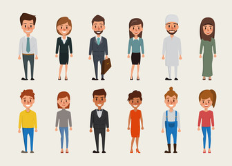 Set of women and men character.Different nationalities and dress styles.