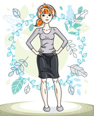 Happy young red-haired woman posing on background of spring landscape and wearing casual clothes. Vector attractive female illustration. Springtime fashion and lifestyle theme cartoon.