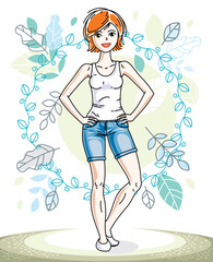 Happy pretty young redhead woman standing on background of spring ecology landscape with delicate blue leaves and wearing fashionable casual clothes. Vector character.