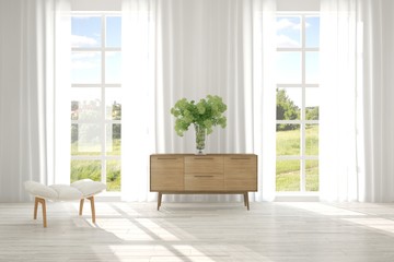 Idea of white room with armchair and summer landscape in window. Scandinavian interior design. 3D illustration
