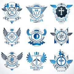 Collection of vector heraldic decorative coat of arms isolated on white and created using vintage design elements, monarch crowns, pentagonal stars, armory, wild animals.