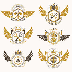 Fototapeta premium Heraldic emblems with wings isolated on white backdrop. Collection of vector symbols in vintage style created using heraldry elements like crowns, towers, crosses and armory.
