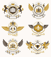 Vintage decorative heraldic vector emblems composed with elements like eagle wings, religious crosses, armory and medieval castles, animals. Collection of classy symbolic illustrations.