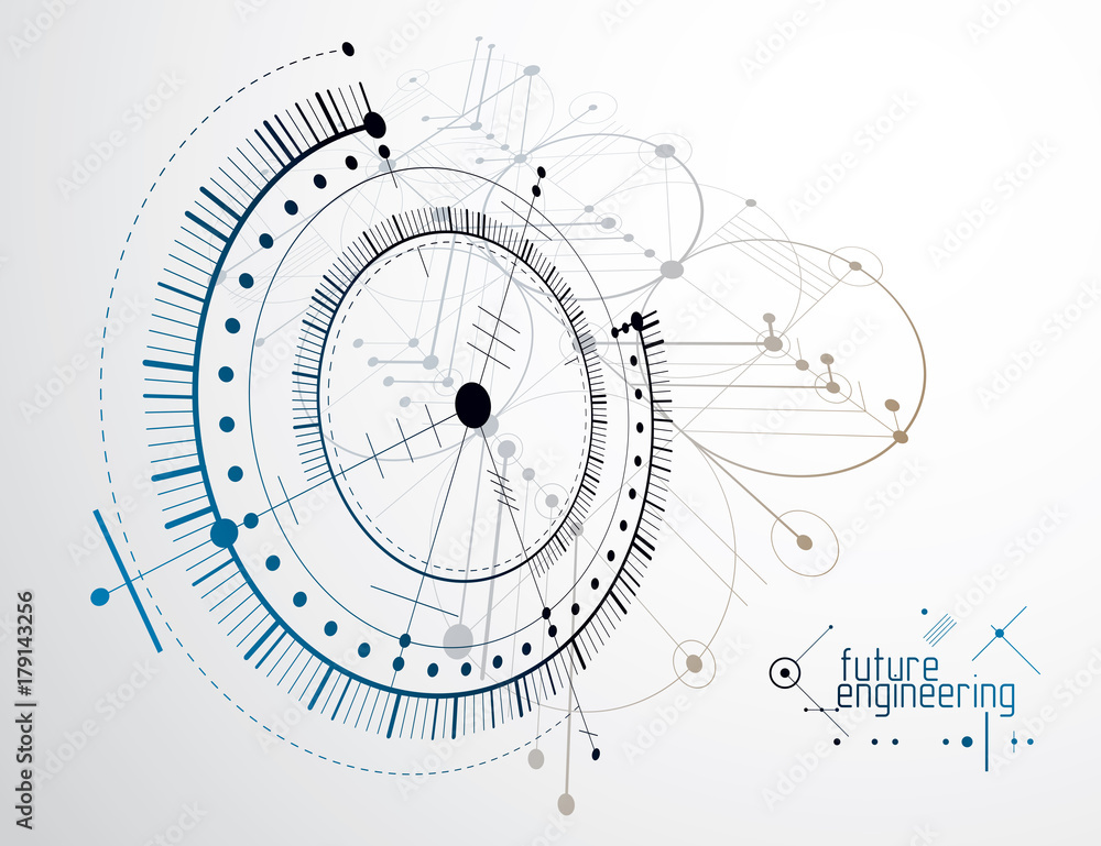 Poster mechanical scheme, vector engineering drawing with circles and geometric parts of mechanism. technic