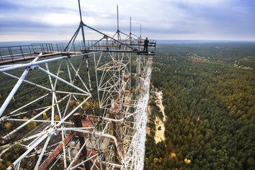 Large antenna field. Soviet radar system "Duga" at Chernobyl nuclear power plant. ABM missile defense. Antenna field, over-the-horizon radar. Military object of USSR ABM. Soviet Chernobyl -2