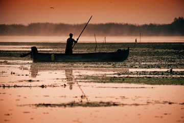 Traditional fisherman catching fish at sunrise in Delta Dunarii, Romania