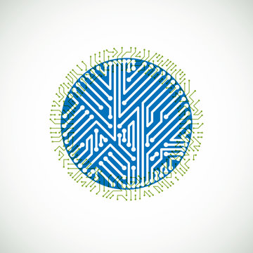 Technology communication cybernetic element. Vector abstract illustration of circuit board in the shape of circle.