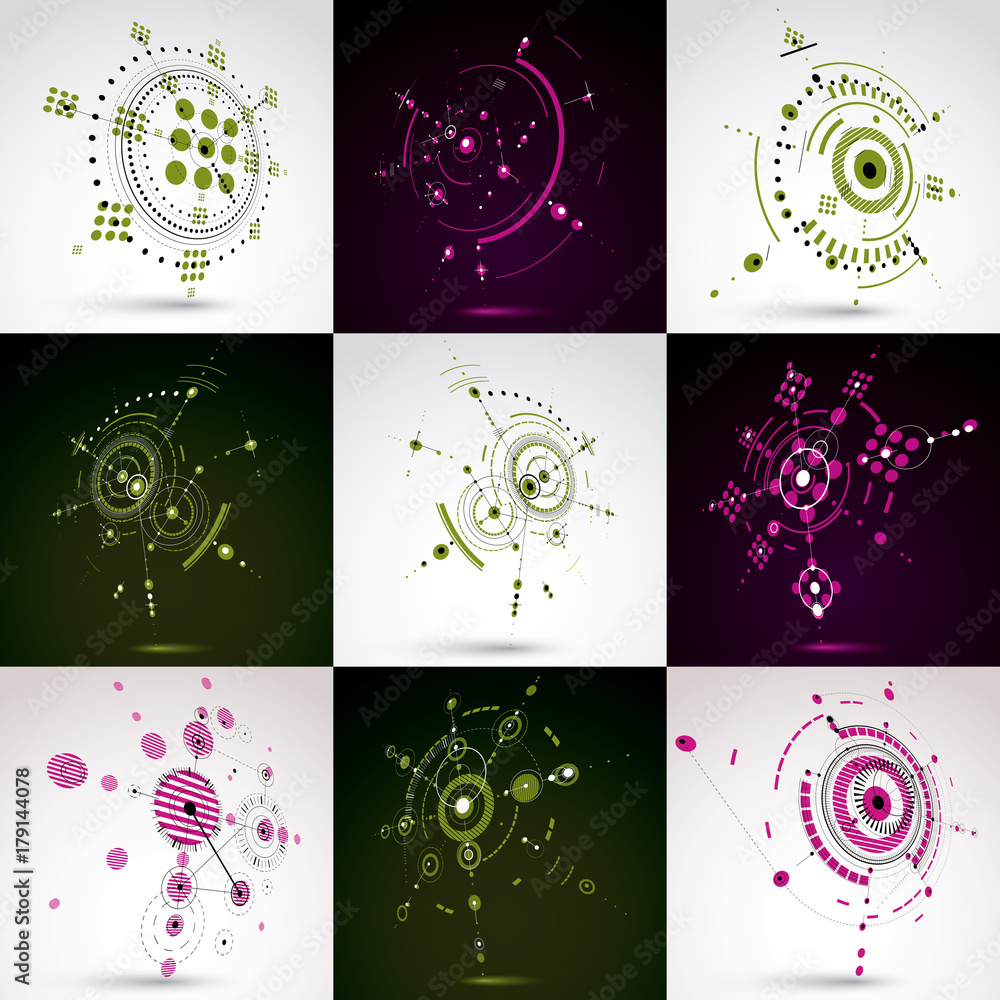 Poster set of modular bauhaus 3d vector backdrops, created from geometric figures like circles and lines. f