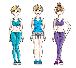 Attractive young women standing wearing stylish sport clothes. Vector people illustrations set.