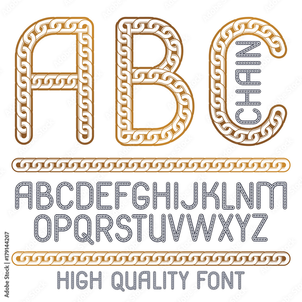 Poster vector type font, script from a to z. upper case decorative letters, abc created using metal connect