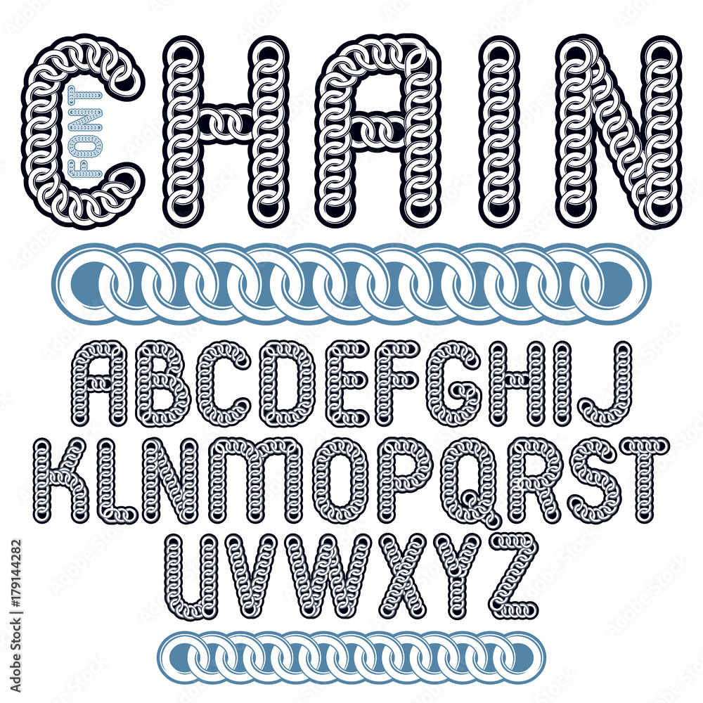 Poster vector type font, script from a to z. capital decorative letters created using connected chain link.