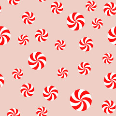 Christmas Peppermint Candy Seamless Vector Pattern. Red and White Swirls on Pale Pink Background. Random size. Pattern Swatch Made with Global Colors.