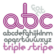 Vector lowercase funky disco alphabet letters, abc set. Trendy font, typescript for use in logo creation. Created using triple stripy, parallel lines.