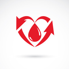 Vector illustration of heart shape full of blood composed with arrows. Cardiovascular system diseases prevention conceptual emblem for use in pharmacy.