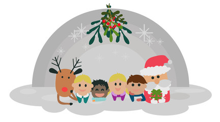Children spend happy Christmas time with Santa and red nose reindeer, lay down together under the mistletoe branch 