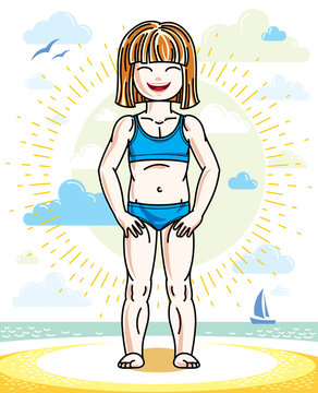 Happy little red-haired girl posing on sunny beach and wearing bright bathing suit. Vector character.