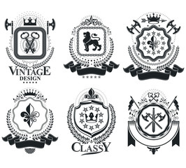 Vintage award designs, vintage heraldic Coat of Arms. Vector emblems. Vintage design elements collection.