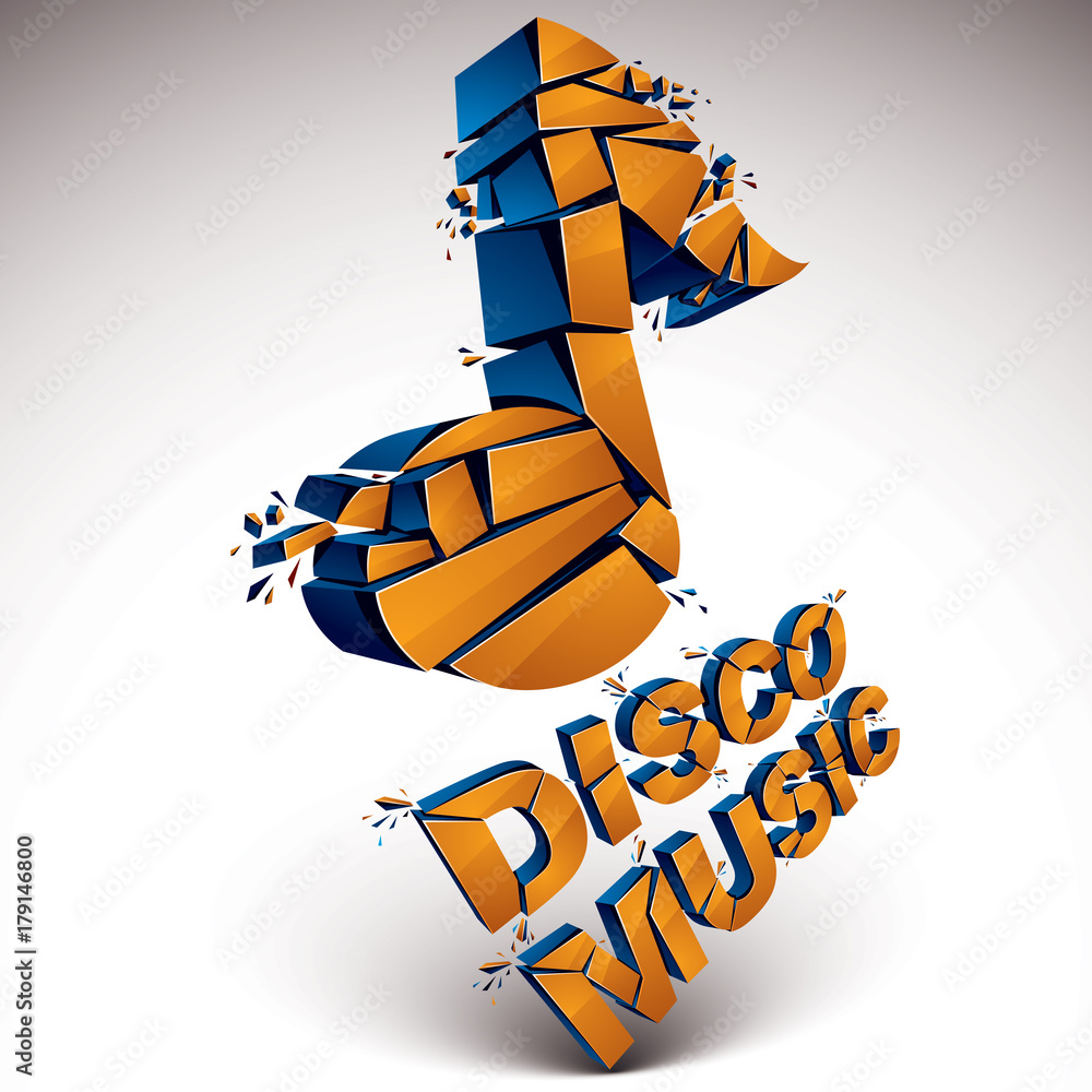 Poster orange 3d vector musical note created from refractions isolated on white. three-dimensional transfor