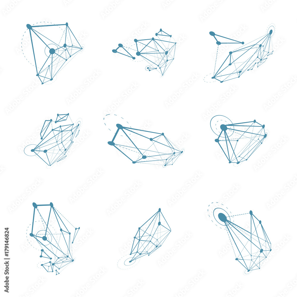 Poster set of abstract 3d faceted figures with connected lines. vector low poly design elements collection,