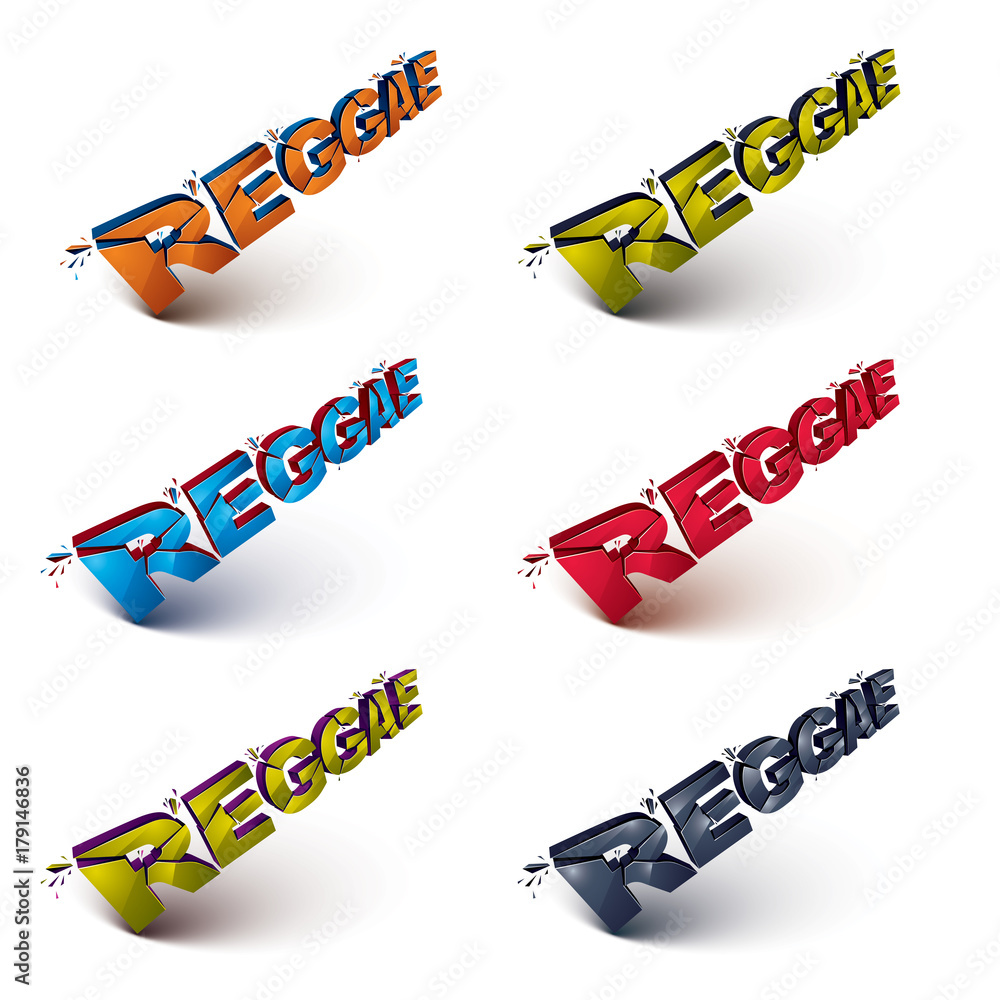Fototapete collection of 3d shattered vector reggae word created with refractions. dimensional inscription with