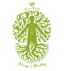 Vector illustration of athletic man depicted as continuation of tree. Strong heart is good health, wellness center abstraction.