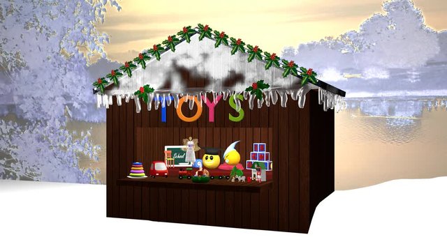 Weihnachtshütte mit Spielzeug und kleiner Fee