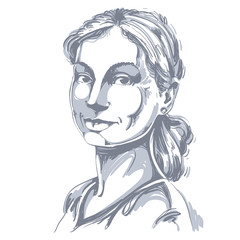 Portrait of delicate good-looking still woman, black and white vector drawing of peaceful and tender girl. Emotional expressions idea image, pretty model posing.