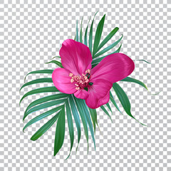 Wektor realistyczne kwiaty i liście palmowe na przezroczystym tle. Egzotyczny kwiatowy. Modny kolorowy design dla t-shirt, moda, druk, materiał. Kwitnący bukiet. Zabytkowy styl. - 179147443