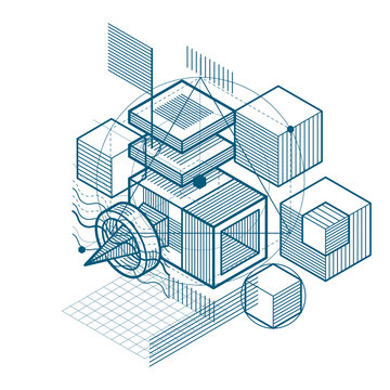 Abstract design with 3d linear mesh shapes and figures, vector isometric background. Cubes, hexagons, squares, rectangles and different abstract elements.