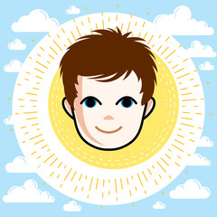 Boy face, human head. Vector character, happy red-haired teenager with stylish haircut.