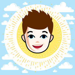 Boy face, human head. Vector character, happy red-haired teenager with stylish haircut.