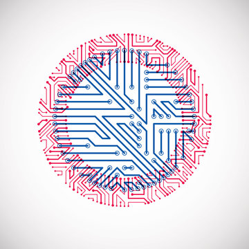 Vector abstract computer circuit board colorful illustration, blue and magenta round technology element with connections. Electronics theme web design.