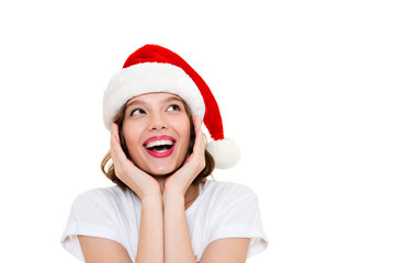 Caucasian woman wearing christmas hat standing isolated
