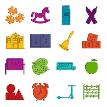 Kindergarten symbol icons doodle set