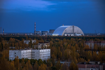 Obraz premium Vew from roof in Pripyat town, Chernobyl Zone of Alienation, Ukraine at night time