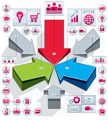 Fototapeta premium Creative infographics composition, 3d arrows pointing into center idea, vector layout illustration.
