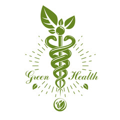 Aesculapius vector abstract logotype created using snakes and green leaves, Caduceus symbol. Healthy lifestyle is strong heart.