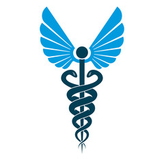 Caduceus medical symbol, graphic vector emblem created with wings and snakes.