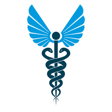 Caduceus medical symbol, graphic vector emblem created with wings and snakes.