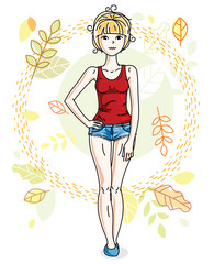 Attractive young blonde woman posing on background of autumn landscape and wearing different casual clothes. Vector nice lady illustration. Fashion theme clipart.