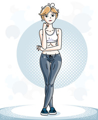 Young beautiful blonde athletic woman posing. Vector illustration of attractive female wearing leggings and T-shirt.  Active and healthy lifestyle theme cartoon.